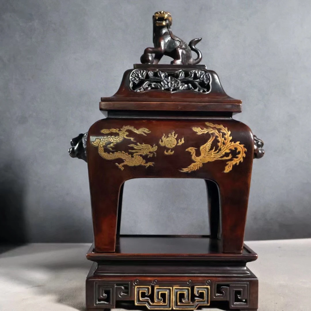 手工仿古纯紫雕花错金龙凤双耳熏香炉四足台几炉高档家居纯铜摆件