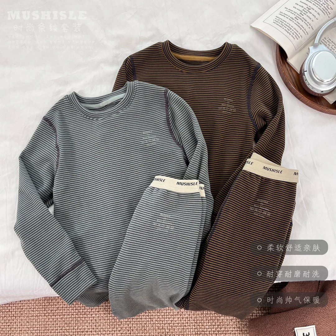 【2024新款】阿又冬季童装儿童男童中大童加厚条纹家居服套装99050D