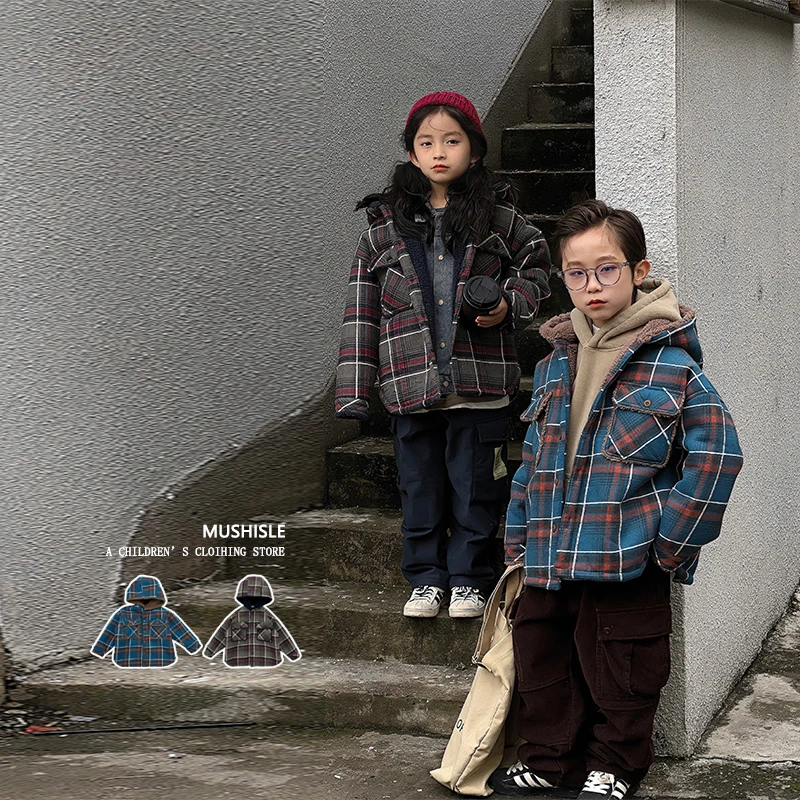 阿又冬季男童连帽加棉加厚圆领格子儿童宽松潮83235D