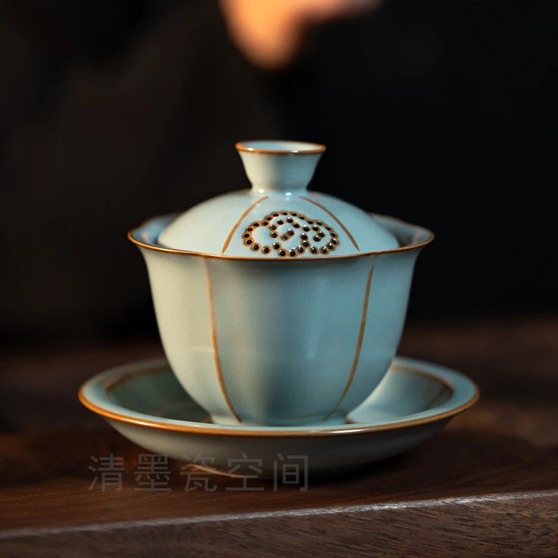 古道源汝窑三才盖碗家用泡茶器具功夫敬茶杯不烫手大号陶瓷盖碗