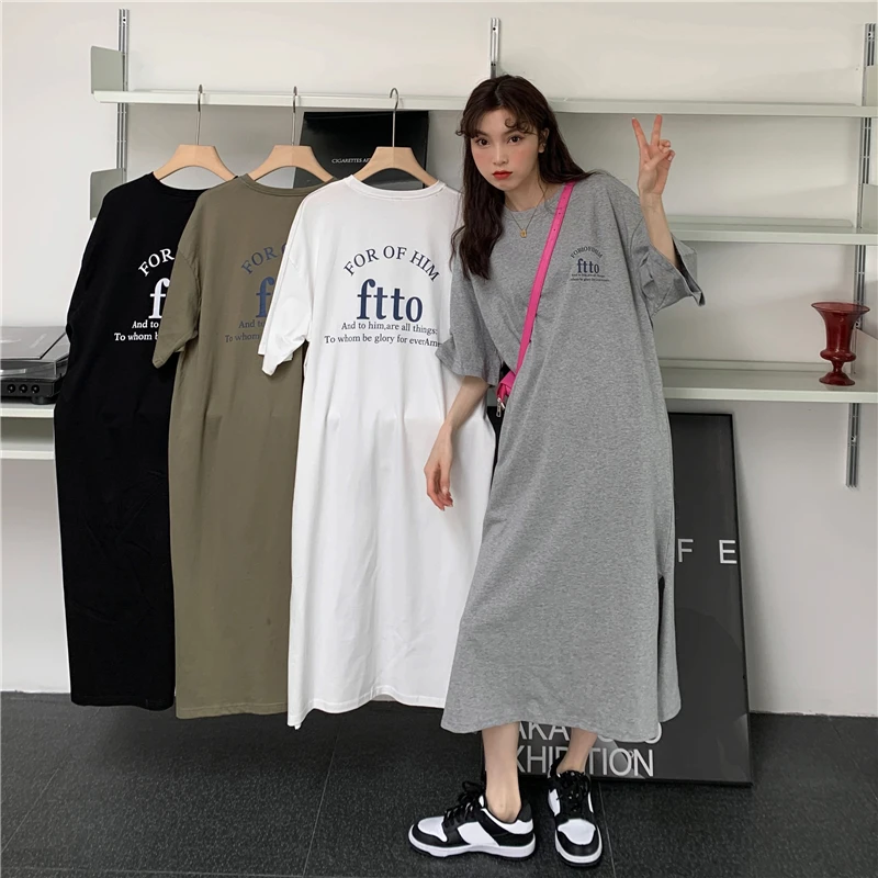 慵懒风纯棉短袖连衣裙女宽松长款过膝懒人裙外穿2025春夏T恤睡裙