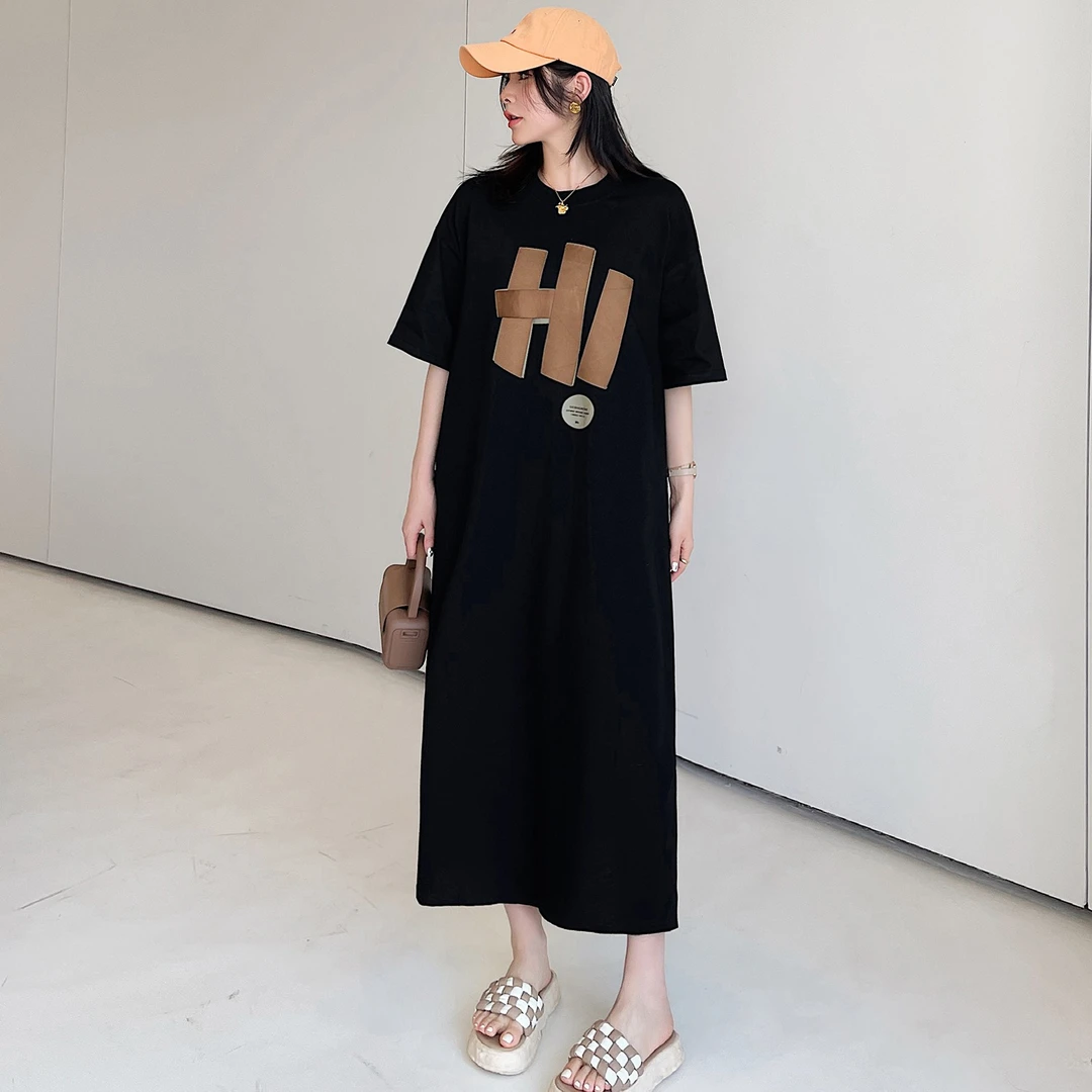 春夏宽松大码纯棉短袖连衣裙女休闲外穿长款过膝懒人T恤开叉裙子