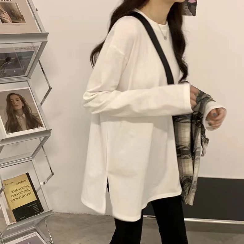 2023秋装新款纯棉白色长袖t恤女宽松显瘦中长款内搭侧开叉打底衫