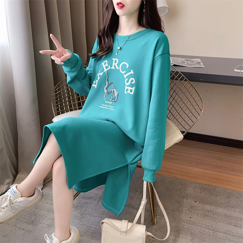 秋冬韩版休闲长袖卫衣连衣裙女宽松外穿长款过膝懒人开叉裙打底裙