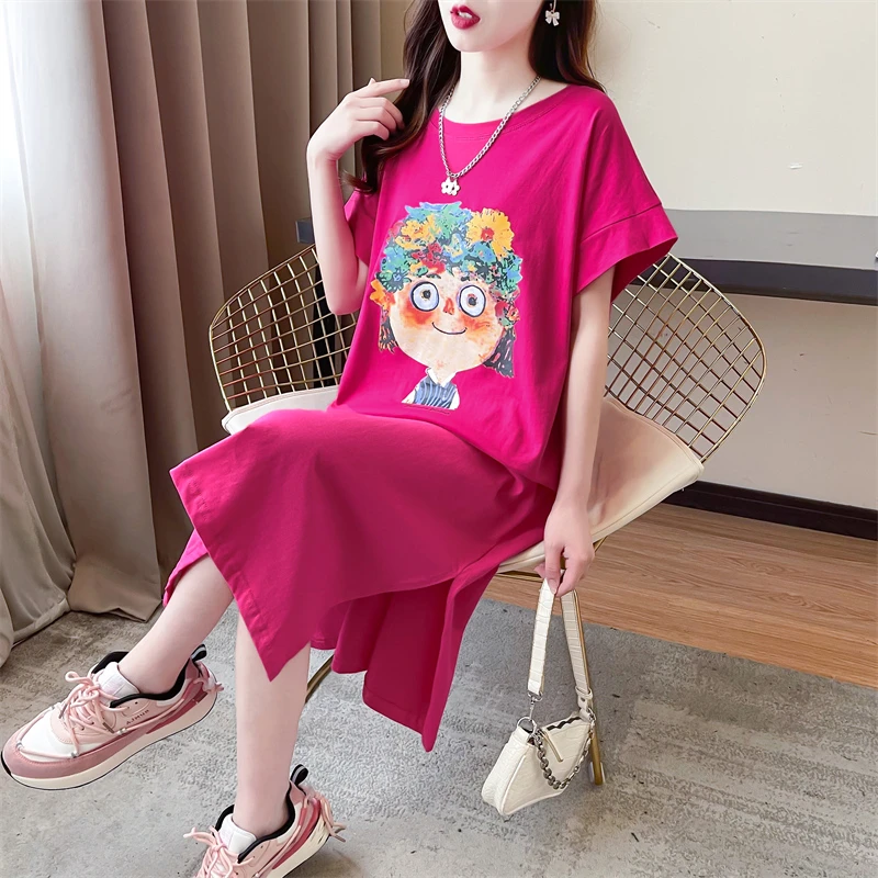韩版油画少女印花纯棉小飞袖连衣裙女宽松显瘦外穿春夏休闲懒人裙