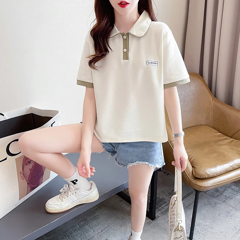 小个子珠地棉polo领短袖T恤女修身短款外穿夏季学院风减龄上衣服