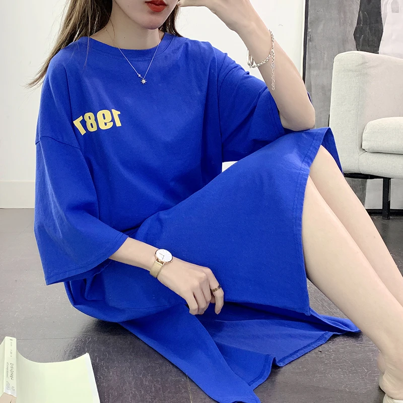 克莱因蓝纯棉t恤连衣裙女长款过膝懒人开叉裙宽松夏外穿炸街裙子