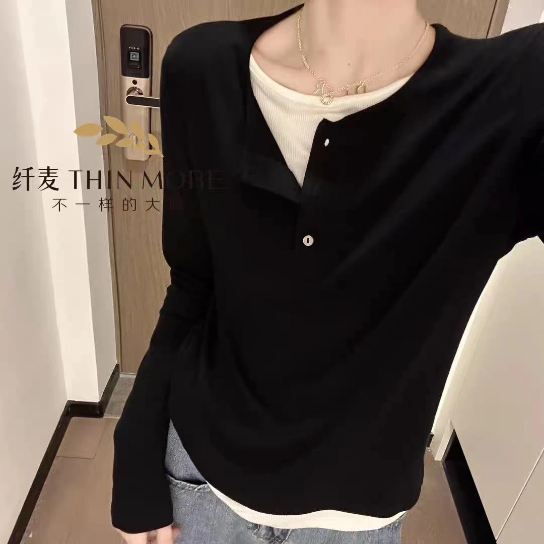 【孤品清仓】圆领假两件新款休闲百搭不规则长袖上衣-1