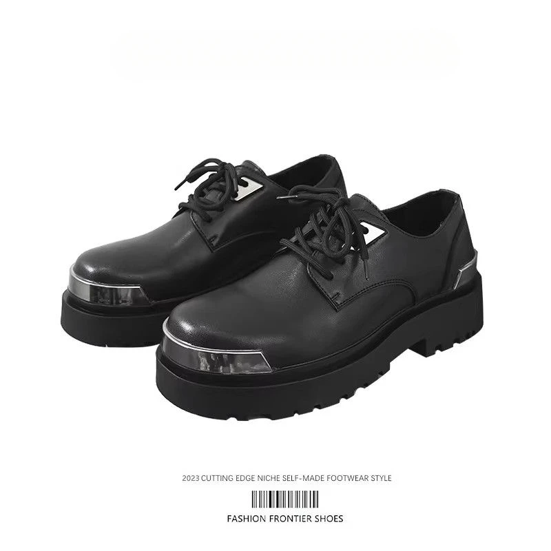 时尚纯色德比鞋男圆头厚底增高休闲皮鞋2023新款百搭通勤黑侣潮鞋