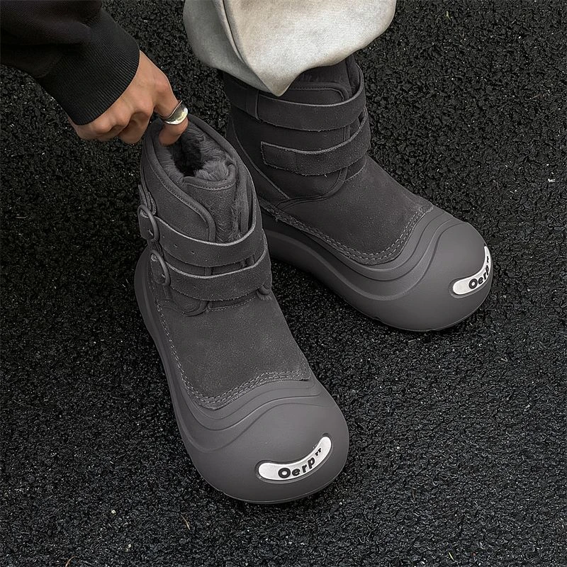 秋季加绒开口笑雪地靴男美式丑萌大头马丁靴女保暖工装靴情侣棉鞋