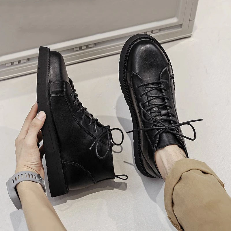 黑色潮流短款马丁靴男英伦风中帮内增高秋冬季纯皮高帮保暖棉男鞋