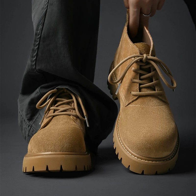 马丁靴男款2025新款米奇德比鞋高帮大头皮鞋厚底增高真皮大黄靴子