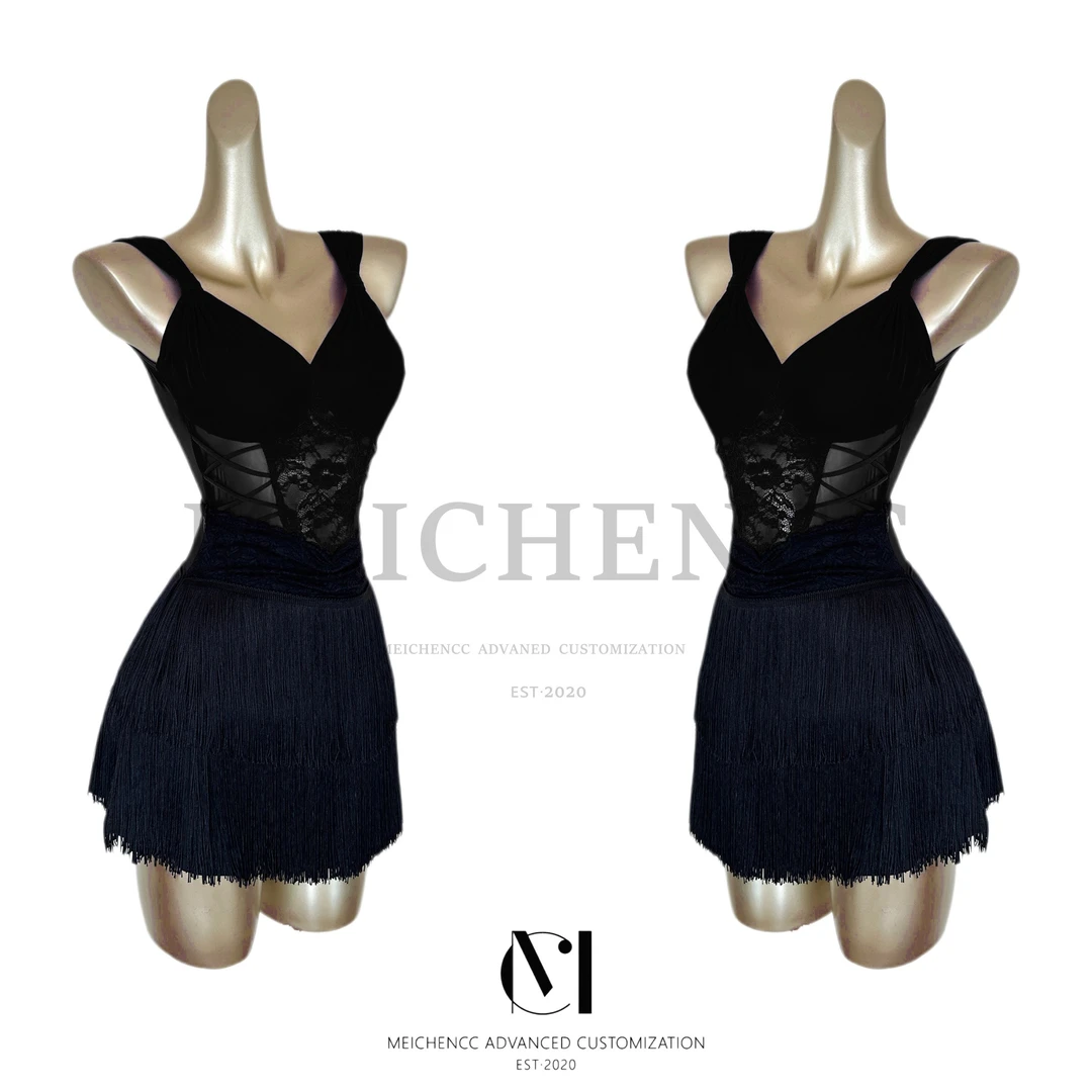 美辰夏季舞服2025新款蕾丝吊带流苏裙套装露背拉丁舞服装