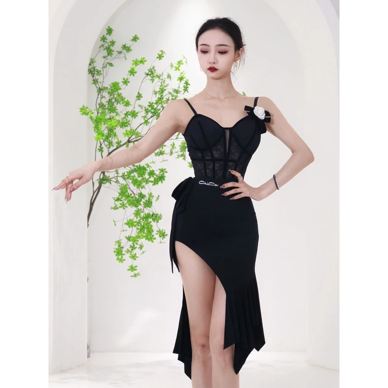 美辰舞服单品新款拉丁舞系带半裙鱼尾不规则长裙演出服成人女S-03