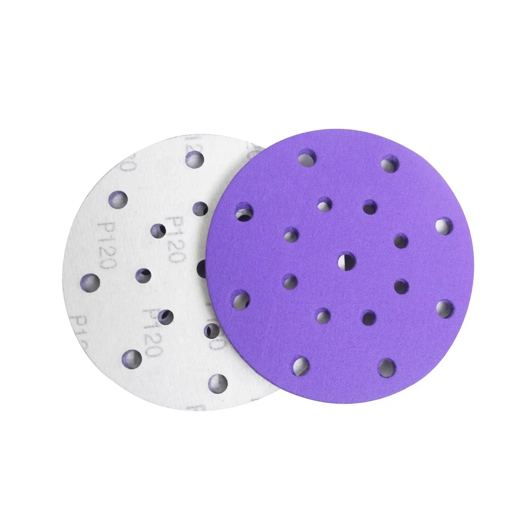 干磨砂纸6寸17孔紫色陶瓷耐磨砂纸5寸6孔汽车打磨抛光植绒圆盘砂