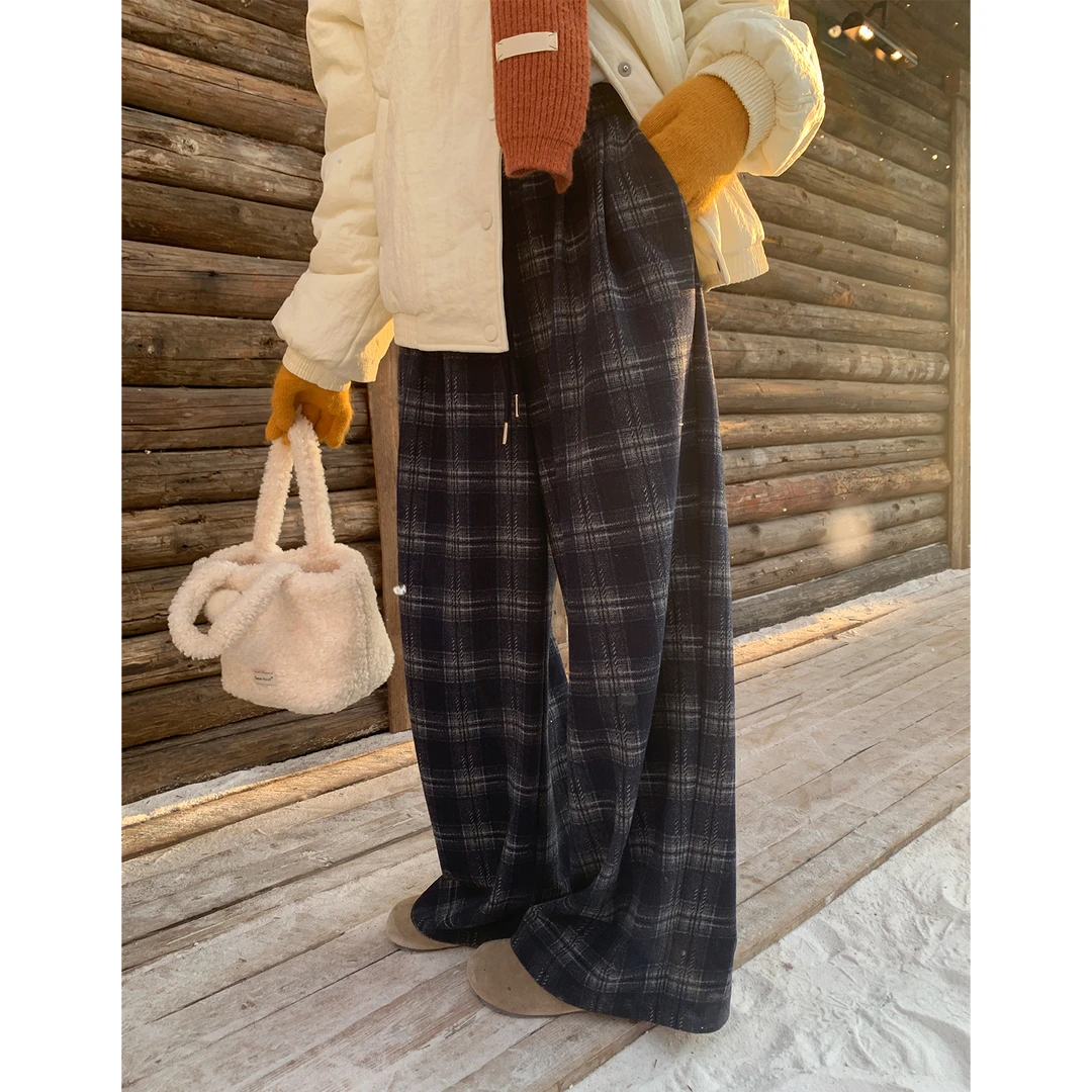 【西西里安 】不费力单品~耐搭款松紧腰宽松毛呢格子裤