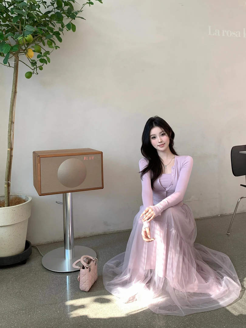 芭蕾风套装女气质小吊带长袖针织上衣开衫外套网纱半身长裙三件套