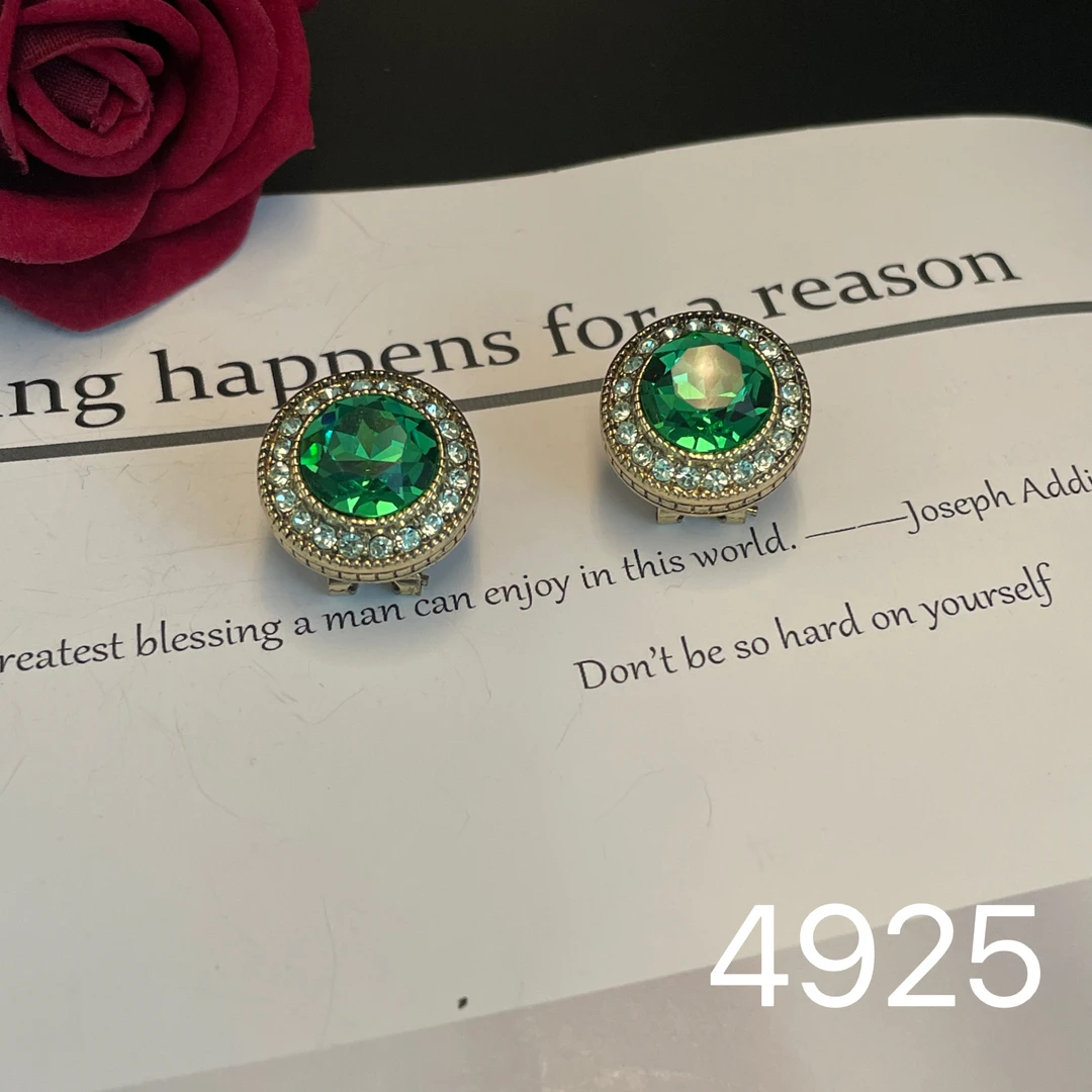 铜合金耳饰 设计师款镶嵌礼物时尚耳环轻奢绿色气质耳饰~4925