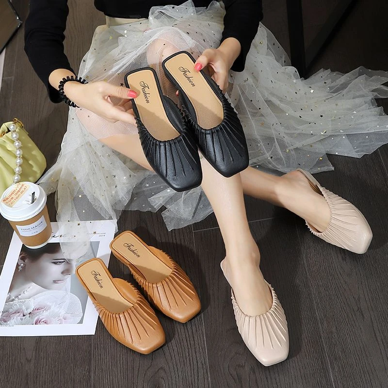 秋季新款韩版时尚包头半拖鞋网红爆款低跟软底凉拖百搭外穿凉拖鞋