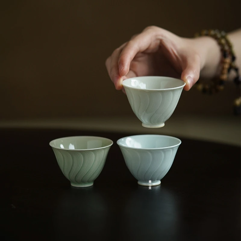 震山堂雕刻牡丹纹陶瓷品茗杯中式主人杯家用喝茶精致小套杯50毫升