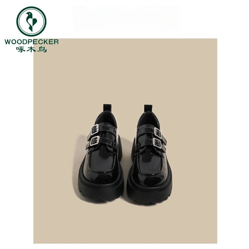 啄木鸟厚底小皮鞋女2024春夏季新款黑色时尚亮面双皮带扣乐福鞋