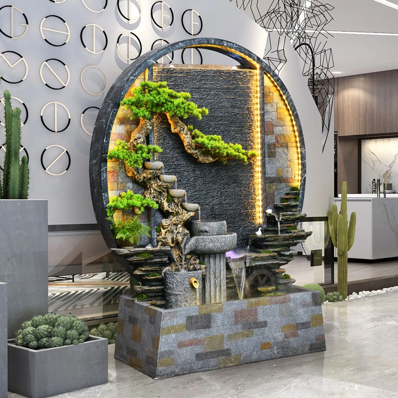 7069B民宿庭院花园布置装饰落地大型假山造景水幕墙创意流水景观