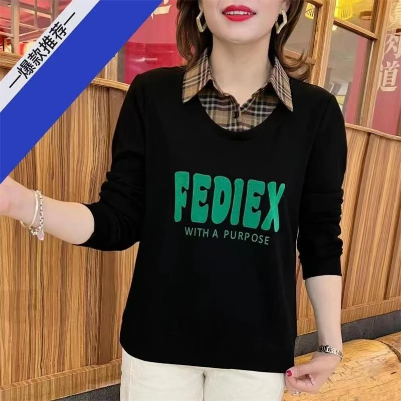 洋气卫衣女长袖小衫polo领妈妈大码时尚内搭假两件t恤女上衣