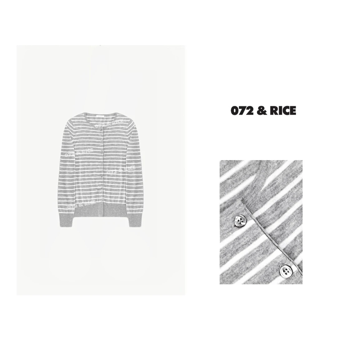 072 & RICE【告白】春季休闲圆领条纹长袖针织开衫 24LE05 618FF