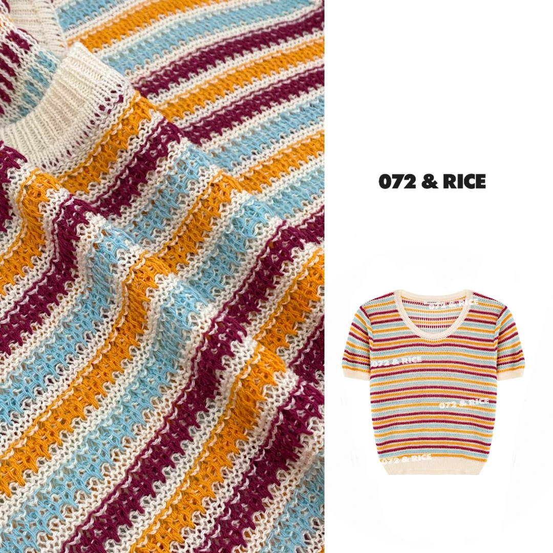 072 & RICE【新奇士】亚麻 夏季休闲U领条纹短袖针织衫 24SJ46