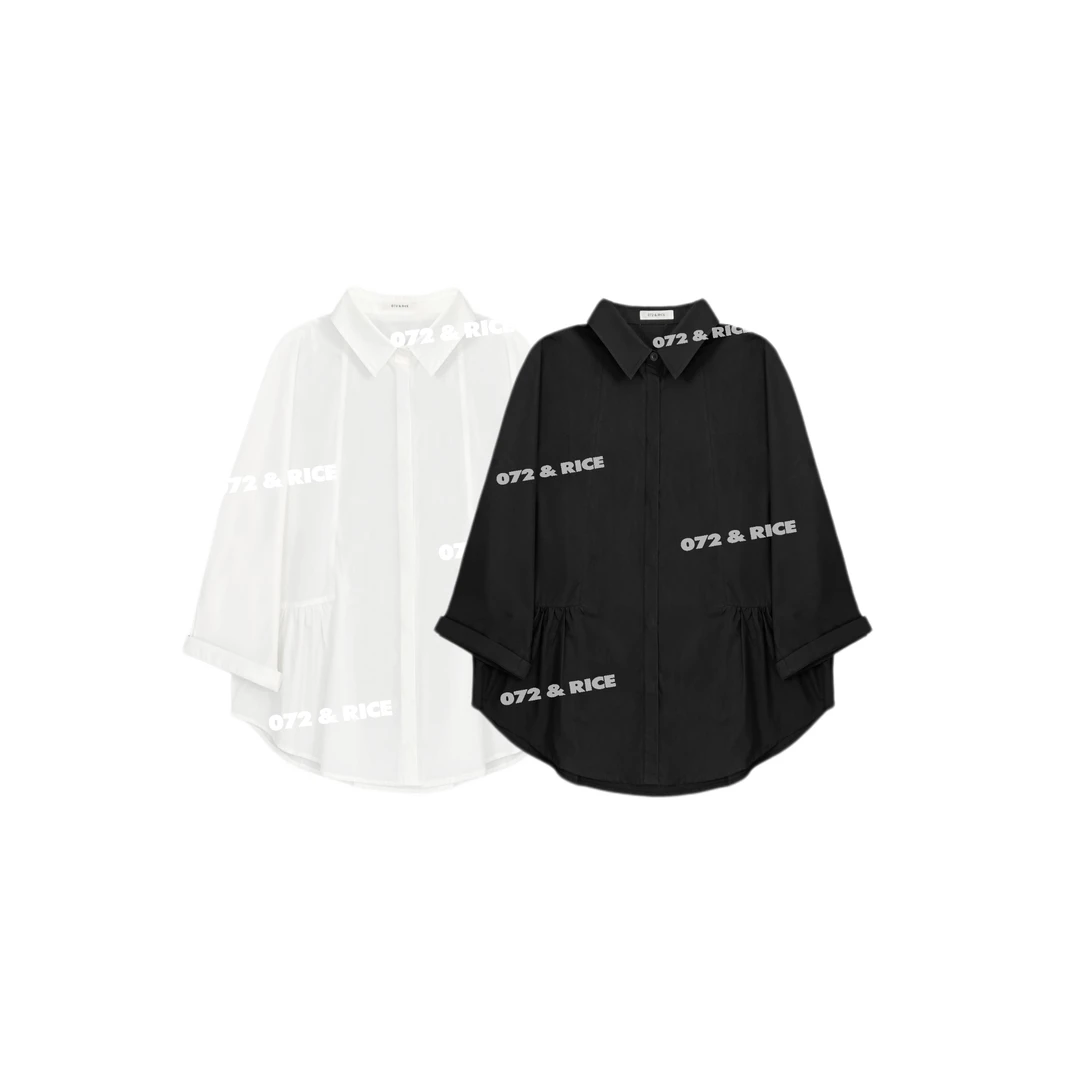 072 & RICE【墨白】100纯棉 夏季休闲翻领七分袖衬衫 24XB40