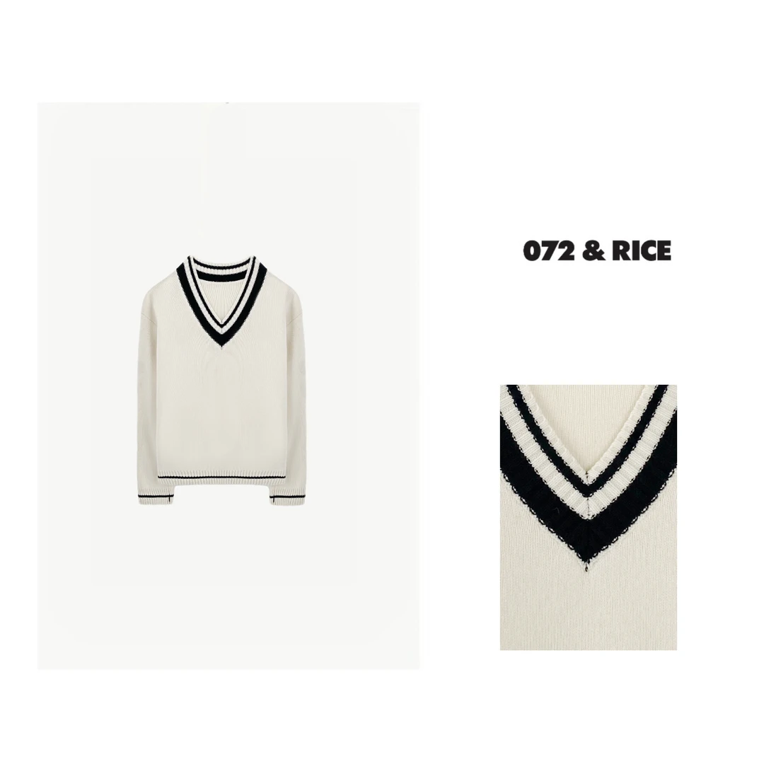 *072 & RICE【耶鲁】休闲V领撞色长袖针织衫 33506 FF