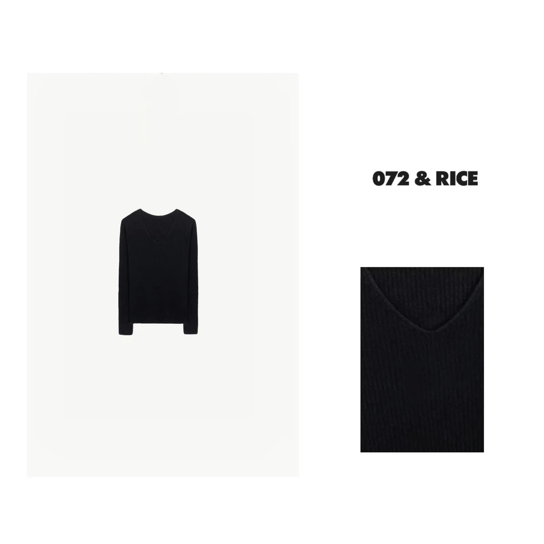 072 & RICE【椰香】100绵羊毛 V领坑条纹长袖针织衫 A121 125FF