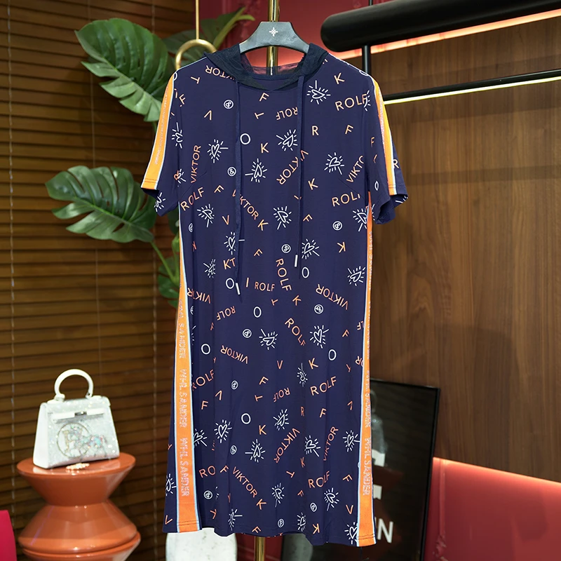 【016爱 love】时尚印花烫钻显瘦过膝休闲薄款中长款女士连衣裙