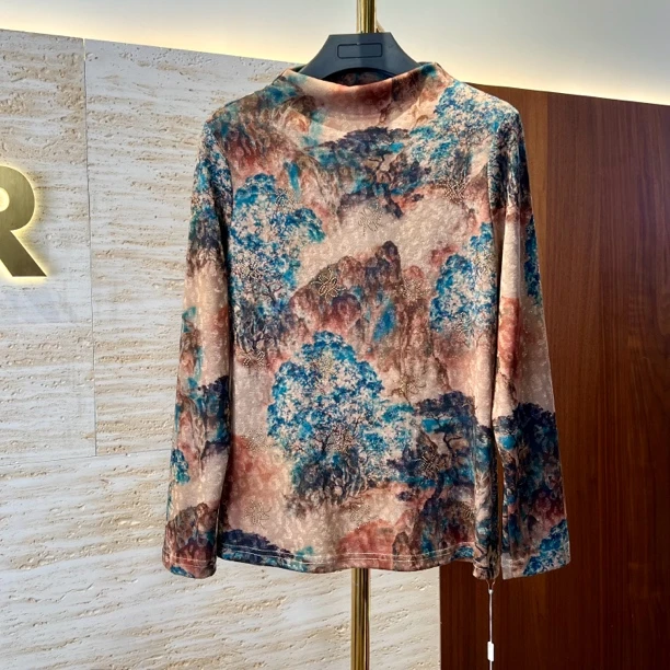 【蓝棕山水半高领】2024秋冬新款时髦高档洋气柔软高弹女上衣打底衫