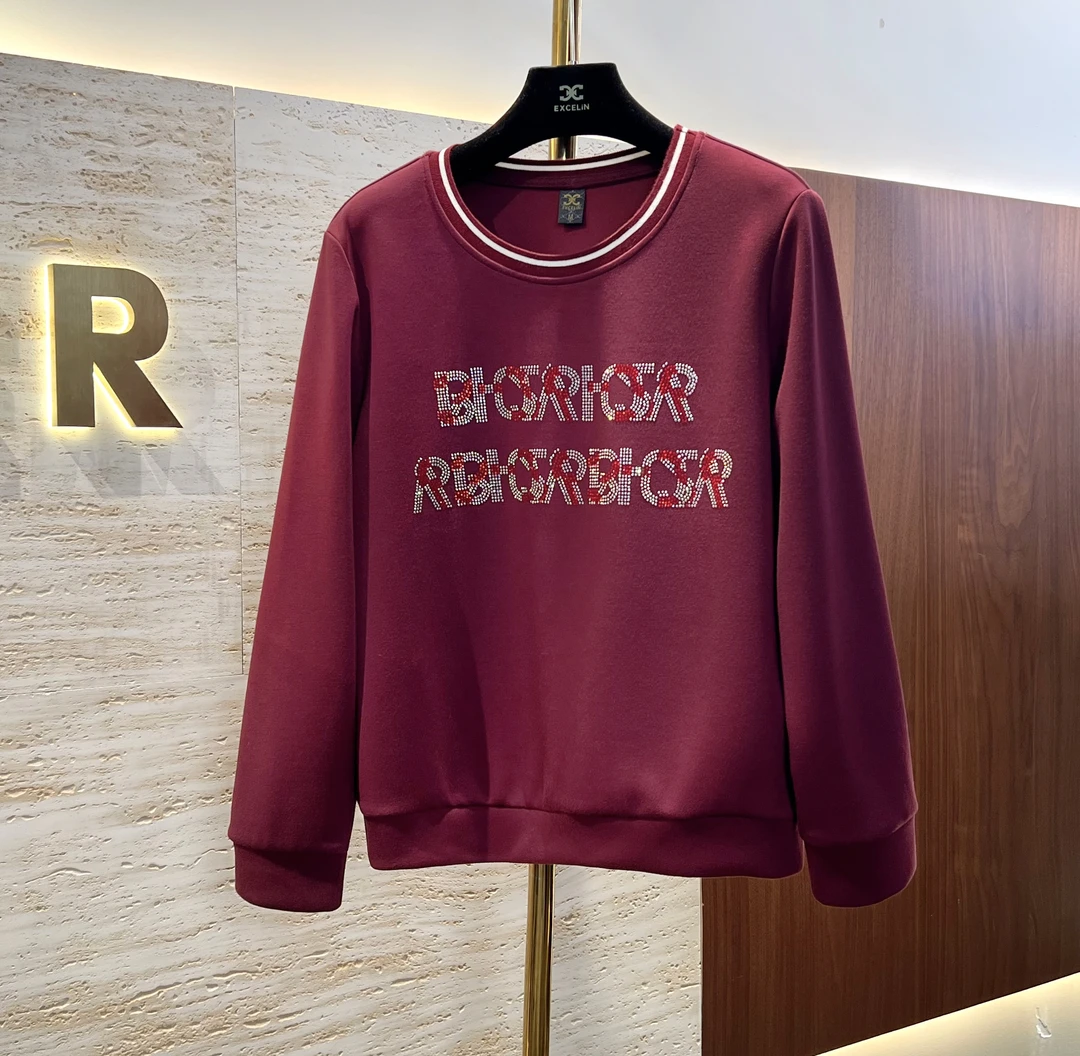 【安哥拉红BR圆领卫衣】秋冬休闲高级显瘦减龄烫钻套头卫衣女士上衣