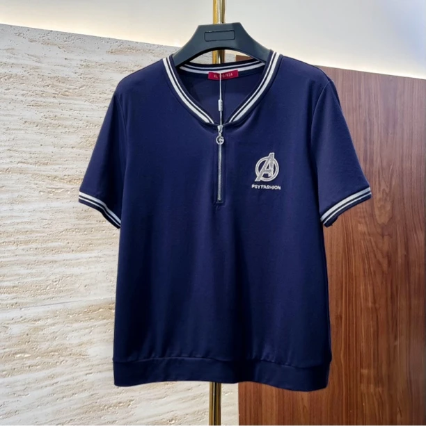 【深蓝A拉链半开襟短袖】夏季休闲显瘦减龄拉链薄款短袖T恤女上衣