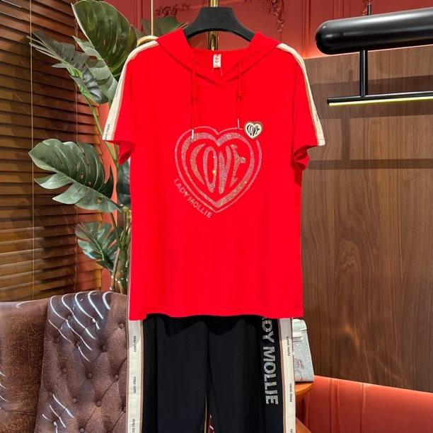 072 【红love爱心连帽】天丝棉连帽T恤时尚女士休闲帽衫短袖套装