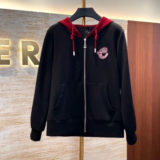 【黑e红连帽拉链开衫】新款休闲减龄显瘦连帽卫衣外套女士帽衫上衣