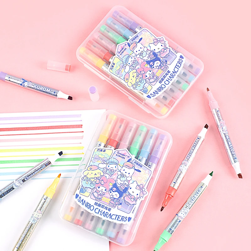 广博三丽鸥六色可擦荧光笔标记笔学生用记号笔划重点