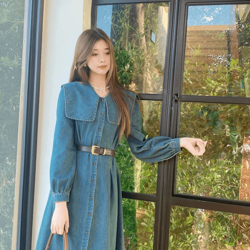 海军领大翻领牛仔连衣裙新款韩版气质洋气收腰牛仔裙子SZ1900170
