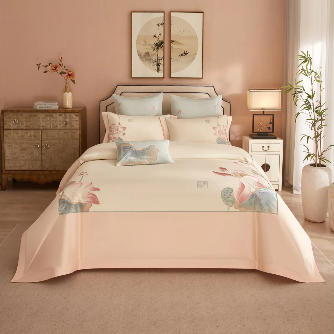 东方时髦之新中式国风/荷家欢乐/忆江南/长绒棉刺绣高档四件套