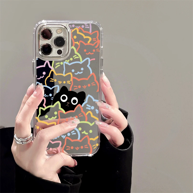 可爱黑猫13镜面11适用苹果15plus新款14promax手机壳iphone少xs女