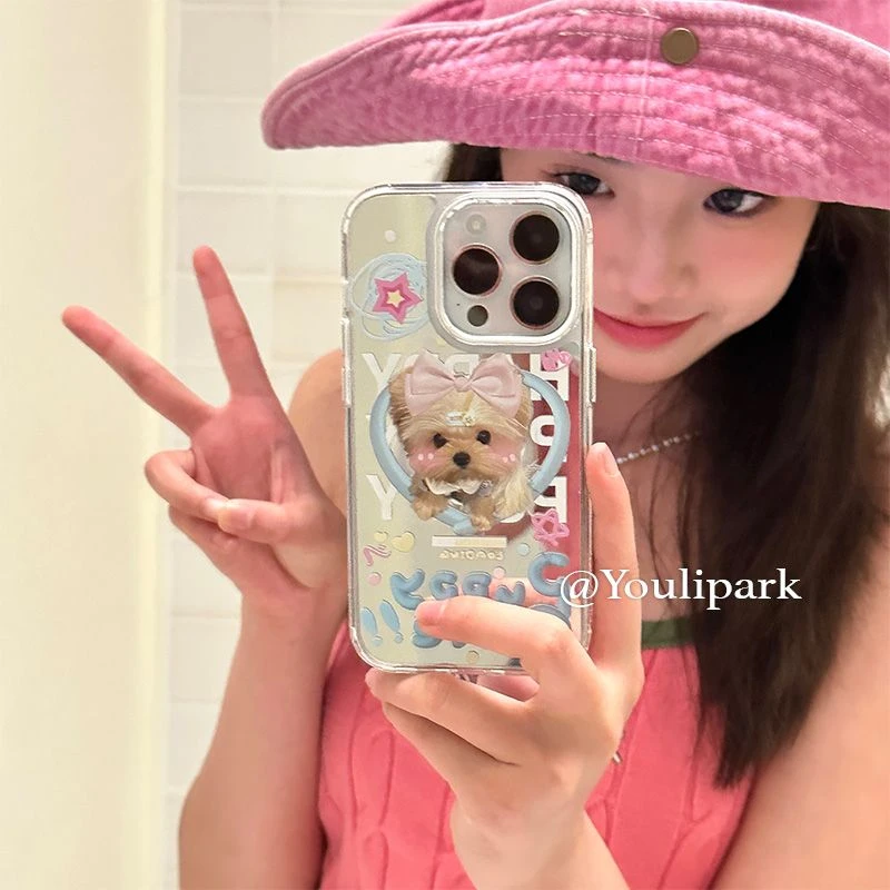 可爱小狗13适用苹果14ProMax镜面手机外壳iphone16女款ins风15保