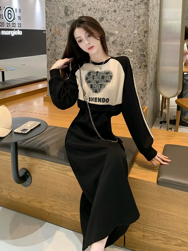 春季气质新款休闲韩系高贵小个子显瘦拼接假两件收腰卫衣连衣裙