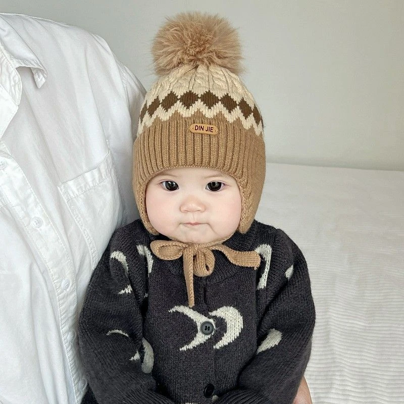 宝宝护耳帽子秋冬季韩版婴儿毛球针织帽冬天防风保暖男女童毛线帽