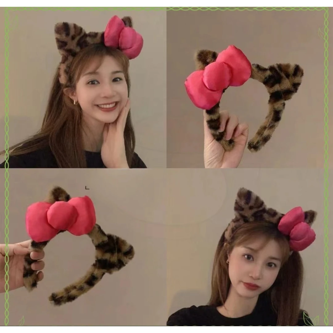 豹纹毛绒猫耳发箍女2024新款秋冬可爱蝴蝶结洗脸头箍发捆防滑发卡