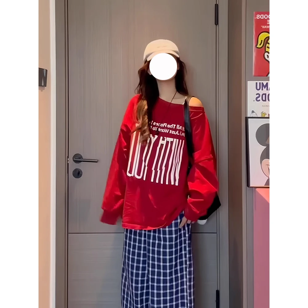 【8033】大码女装胖mm遮肚子显瘦秋季长袖斜肩上衣美式宽松早秋卫衣