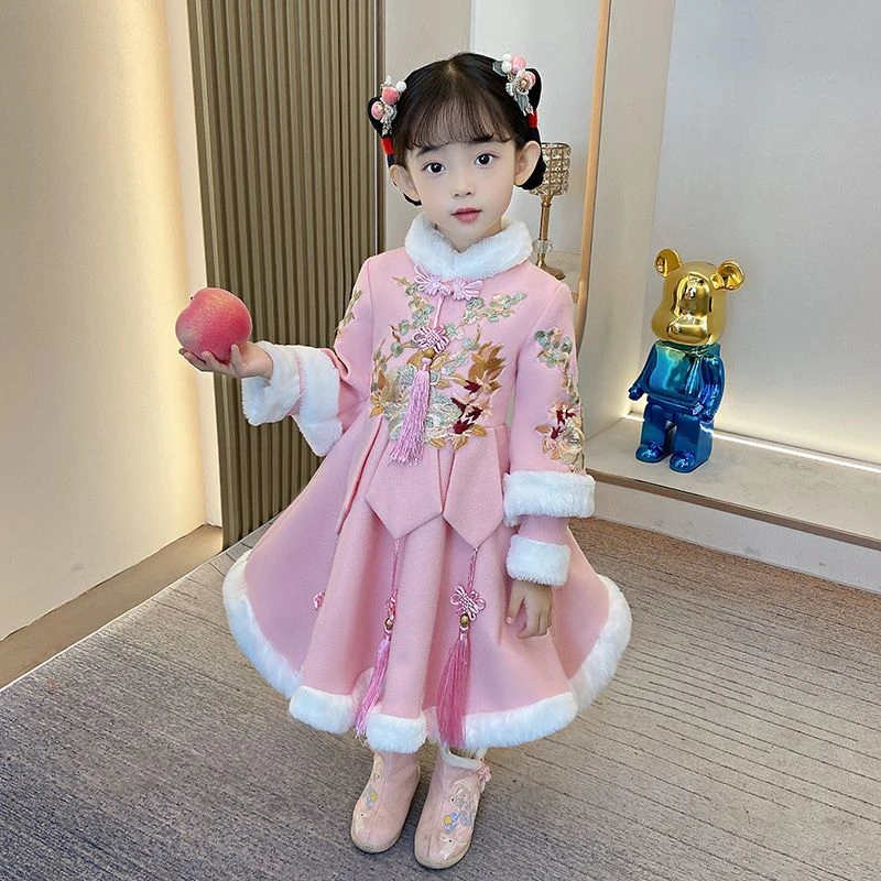 女童汉服唐装中国风洋气2023冬新款拜年服儿童装古装旗袍公主裙-M