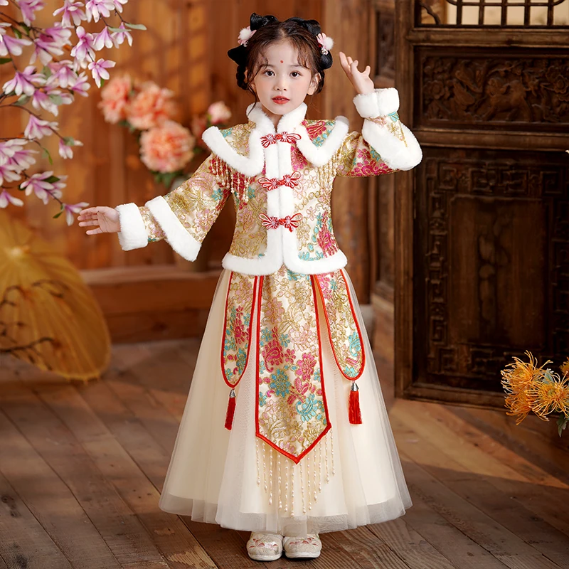 【中国风拜年服】女童汉服古装旗袍公主裙夹棉保暖裙子唐装