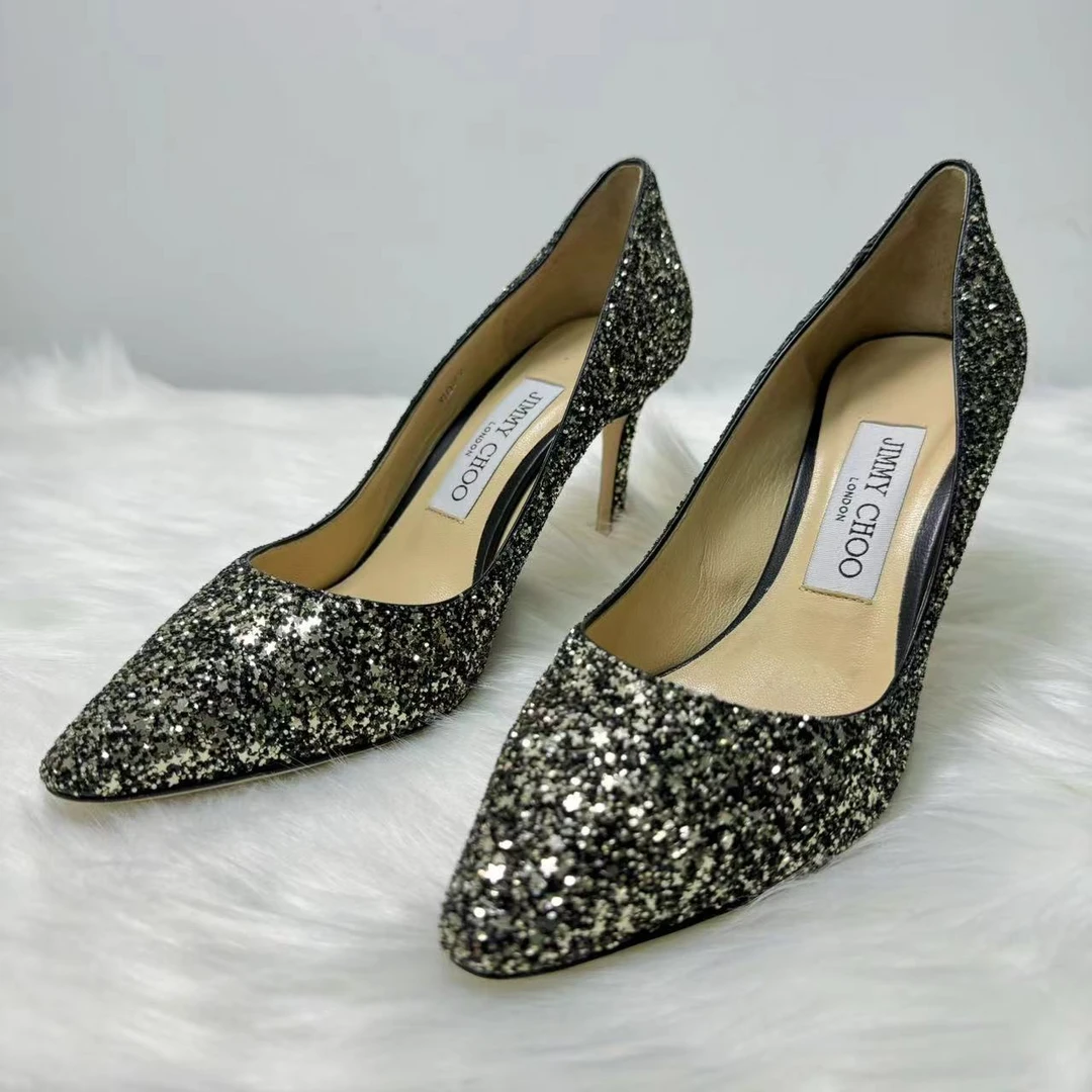 JIMMY CHOO/吉米周【95新】黑金亮片时尚高跟鞋 36.5码 编号：Y54